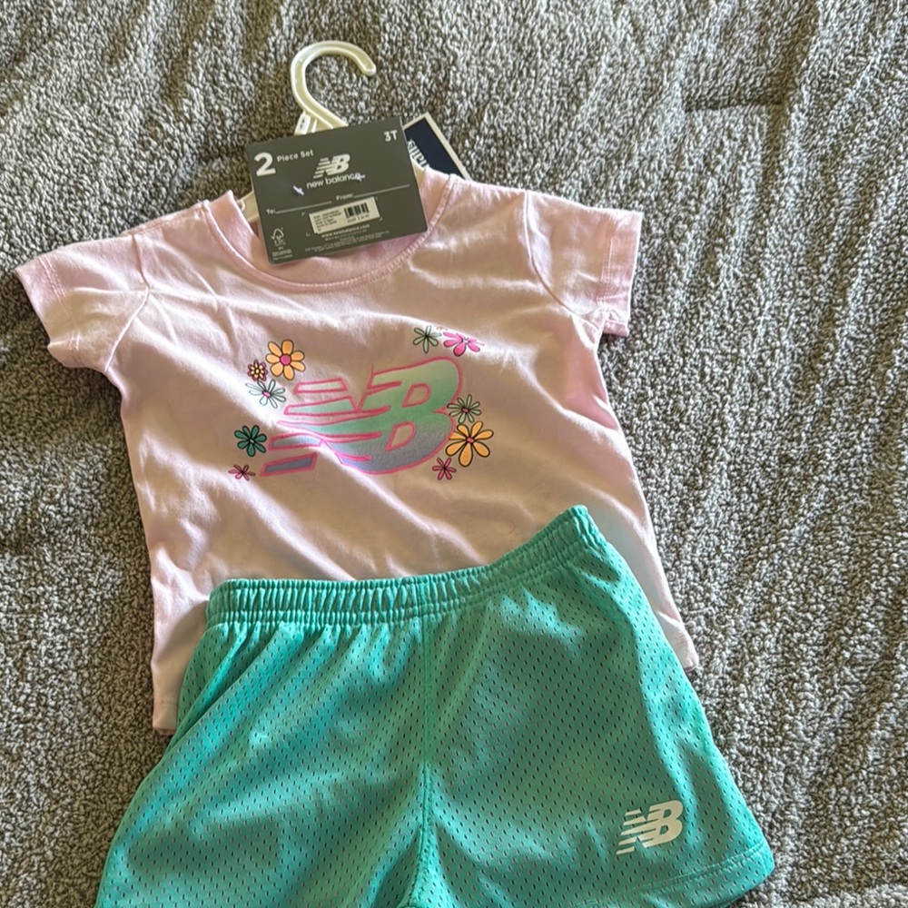New Balance Pink Floral Tee and Teal Shorts Set
